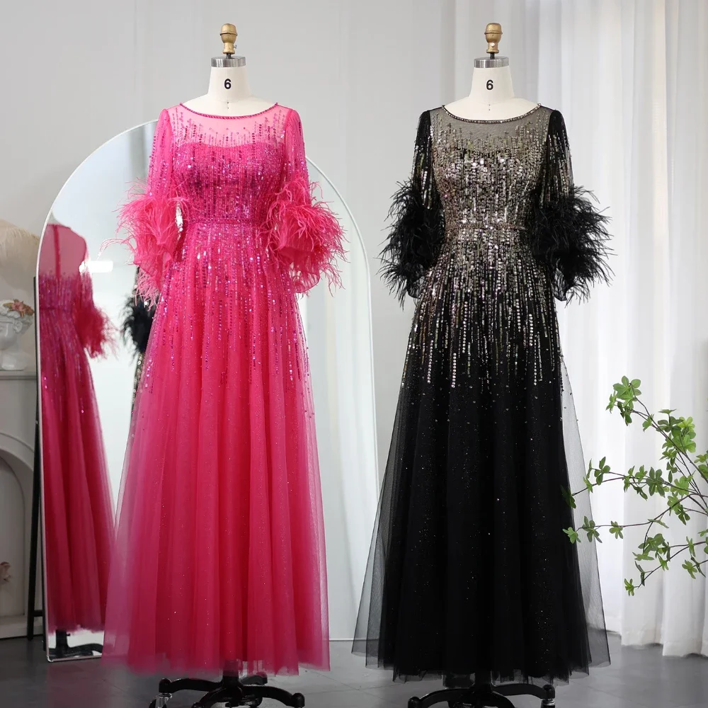 Penas com gola O Vestido de noite lantejoulas, Vestidos de noite requintados, Meias mangas, Borla A Line, Vestidos de baile, Vestidos de festa, Elegante