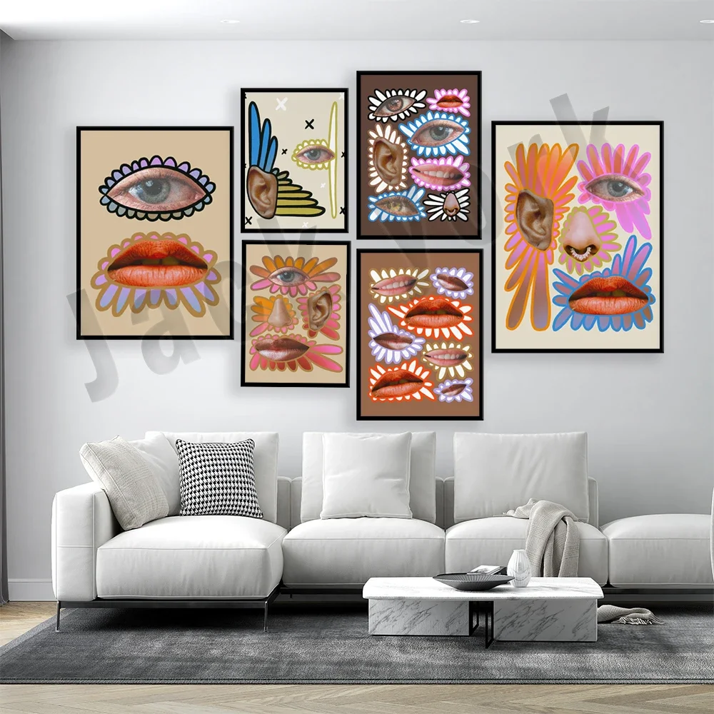 Colorful faces, one-eyed woman, funny faces, surreal collage Henriette Visscher canvas print print, abstract wall art pop poster