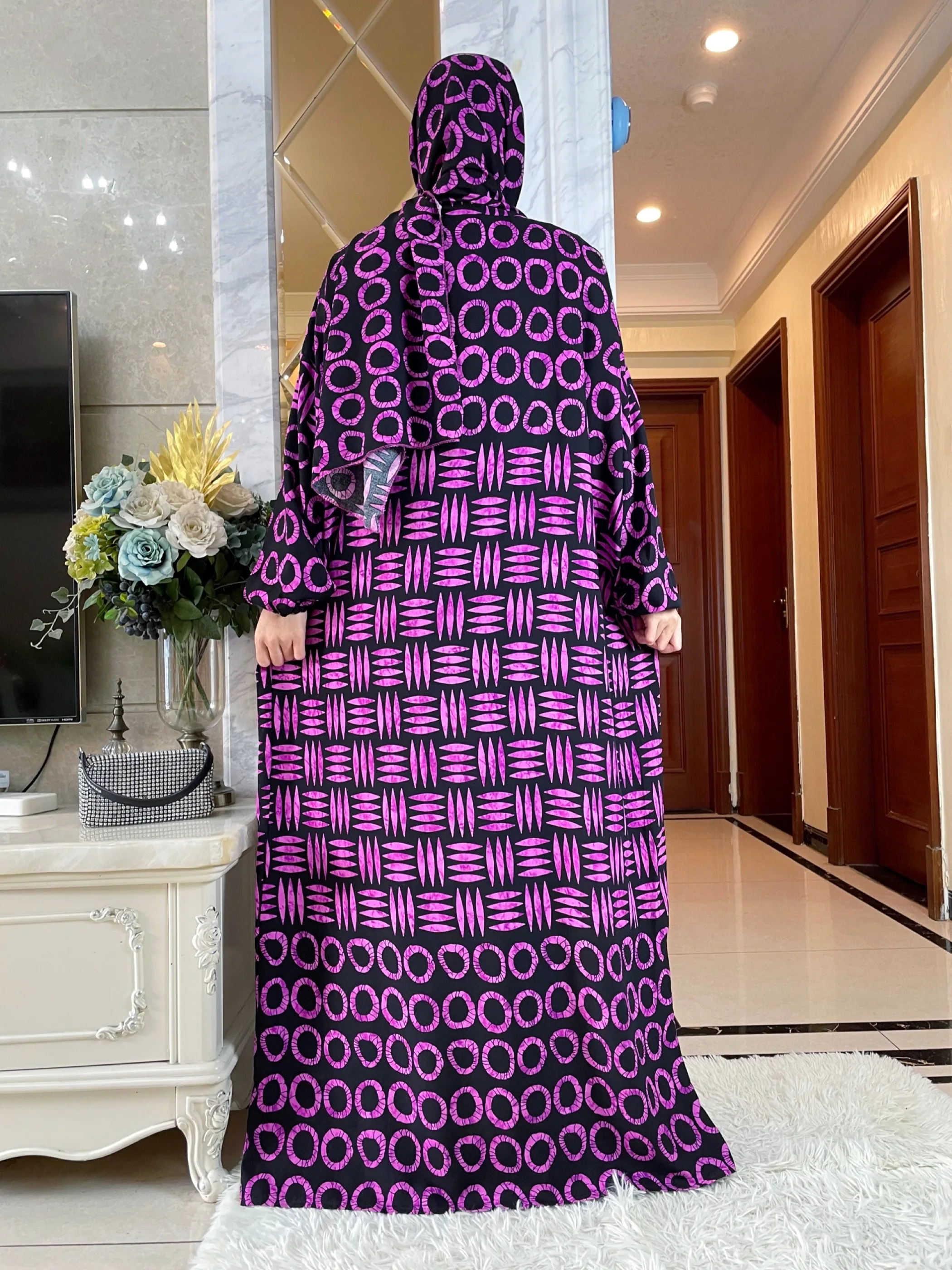 Latest African Women Summer Half Sleeve Dress With Big Scarf Collect Waist Floral Boubou Maxi Islam Cotton Elegant Abaya Clothes