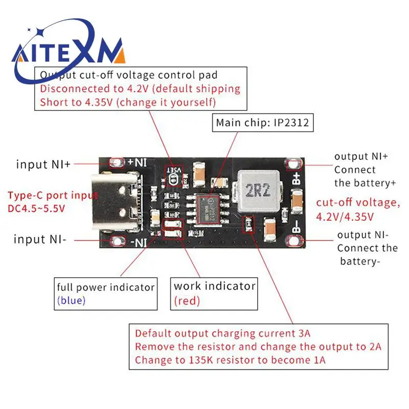 Type-C USB Input High Current 3A Polymer Ternary Lithium Battery Quick Fast Charging Board IP2312 CC/CV Mode 5V To 4.2V