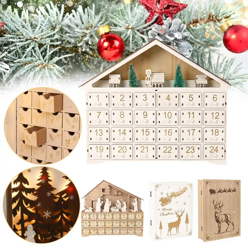 Christmas Wooden House Advent Calendar 2024 with LED Lights 24 Storage Drawers & 24 Day Countdown Calendar Christmas Decoration