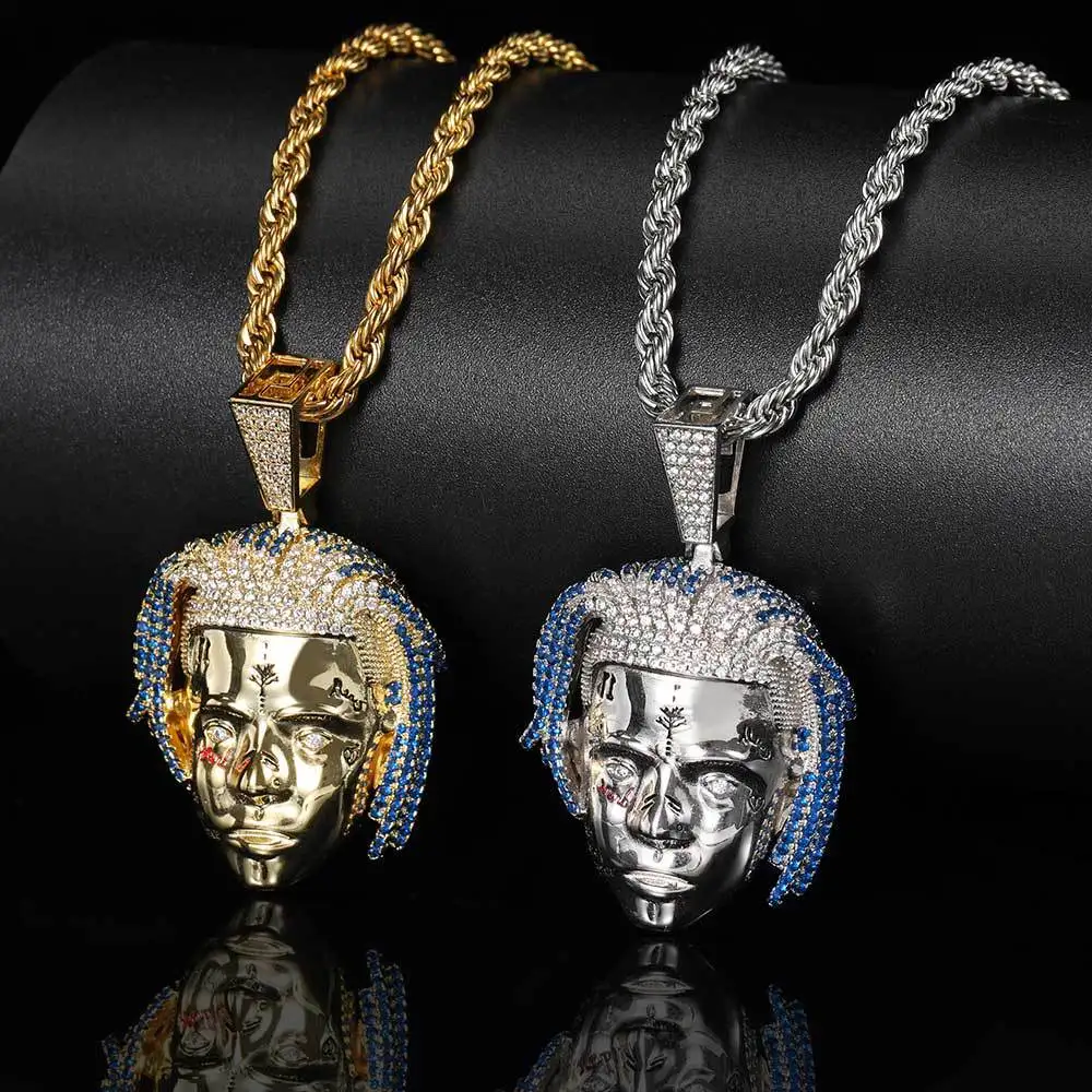 

Hiphop Iced Out 3A Zircon Avatar Pendant Necklace for Women Men 14K Gold Plated Singer Tentacion Necklaces Birthday Party Gift