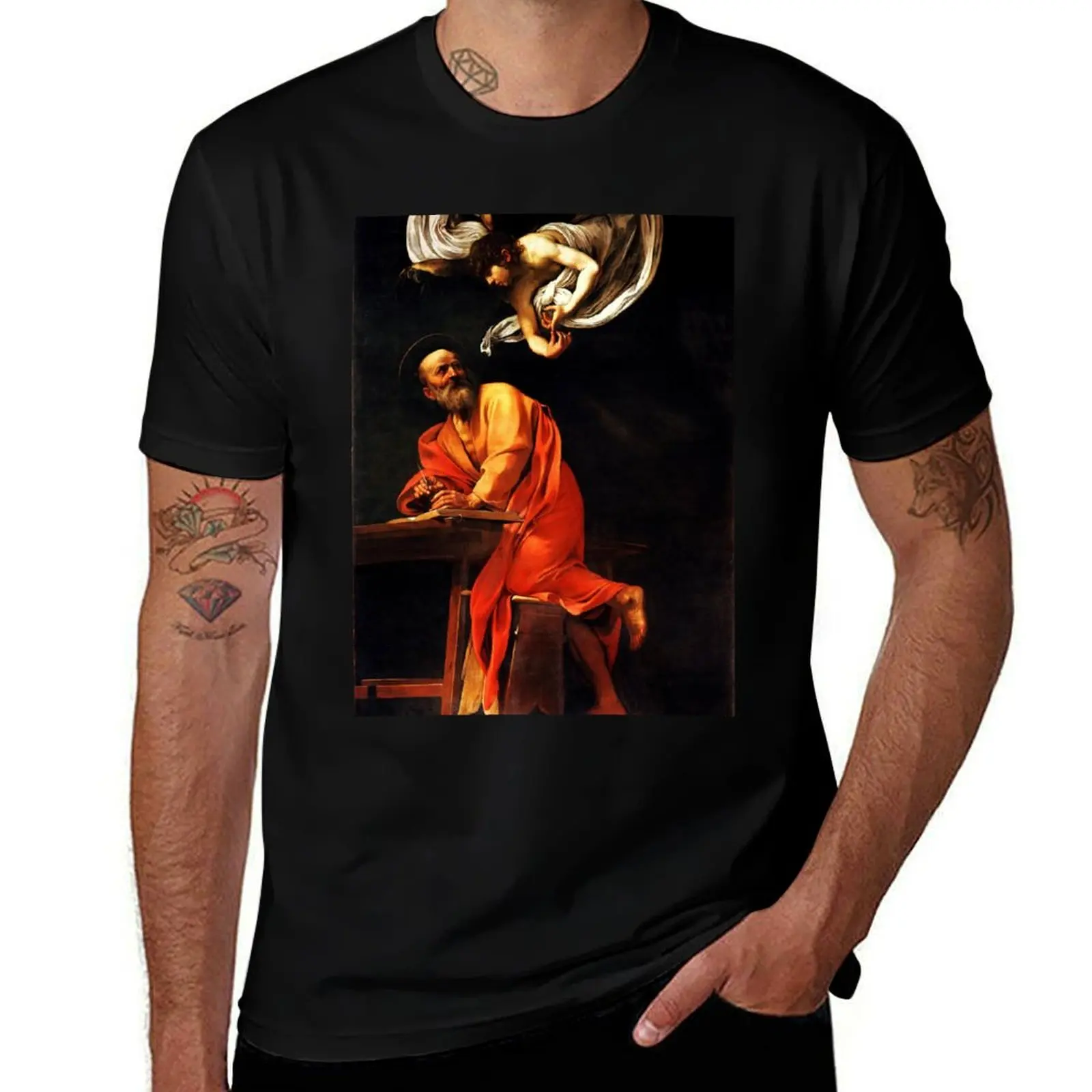

High Resolution Caravaggio The Inspiration of Saint Matthew 1602 T-Shirt Luxury man customs men clothes