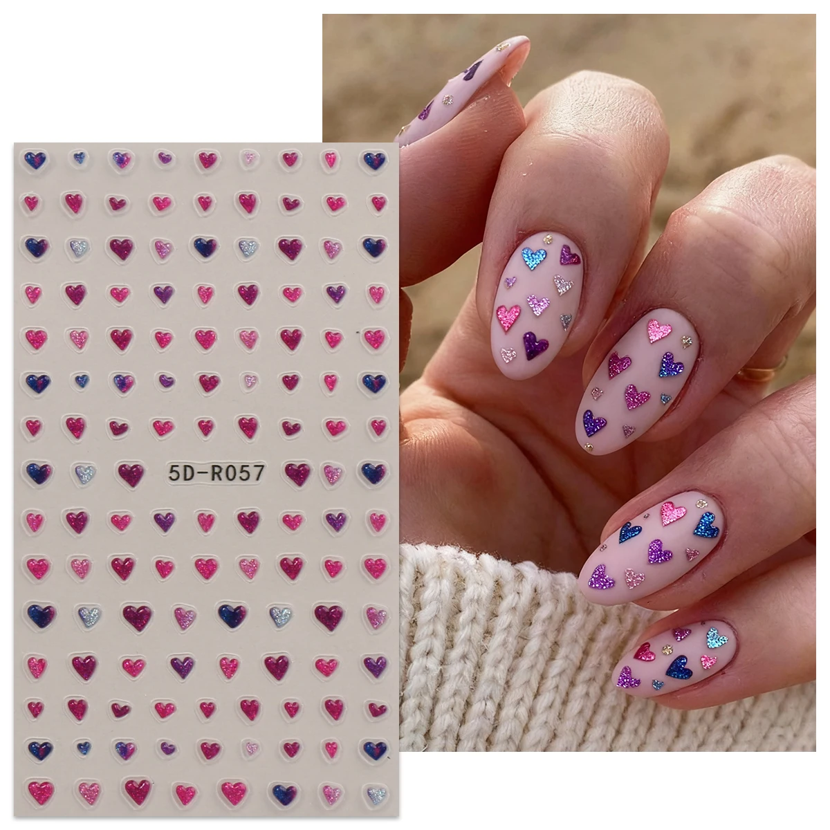 2 adesivi per nail art con cuore d'amore glitterato in rilievo per San Valentino, decorazione per unghie facile da applicare, fai da te, regali, festa di nozze
