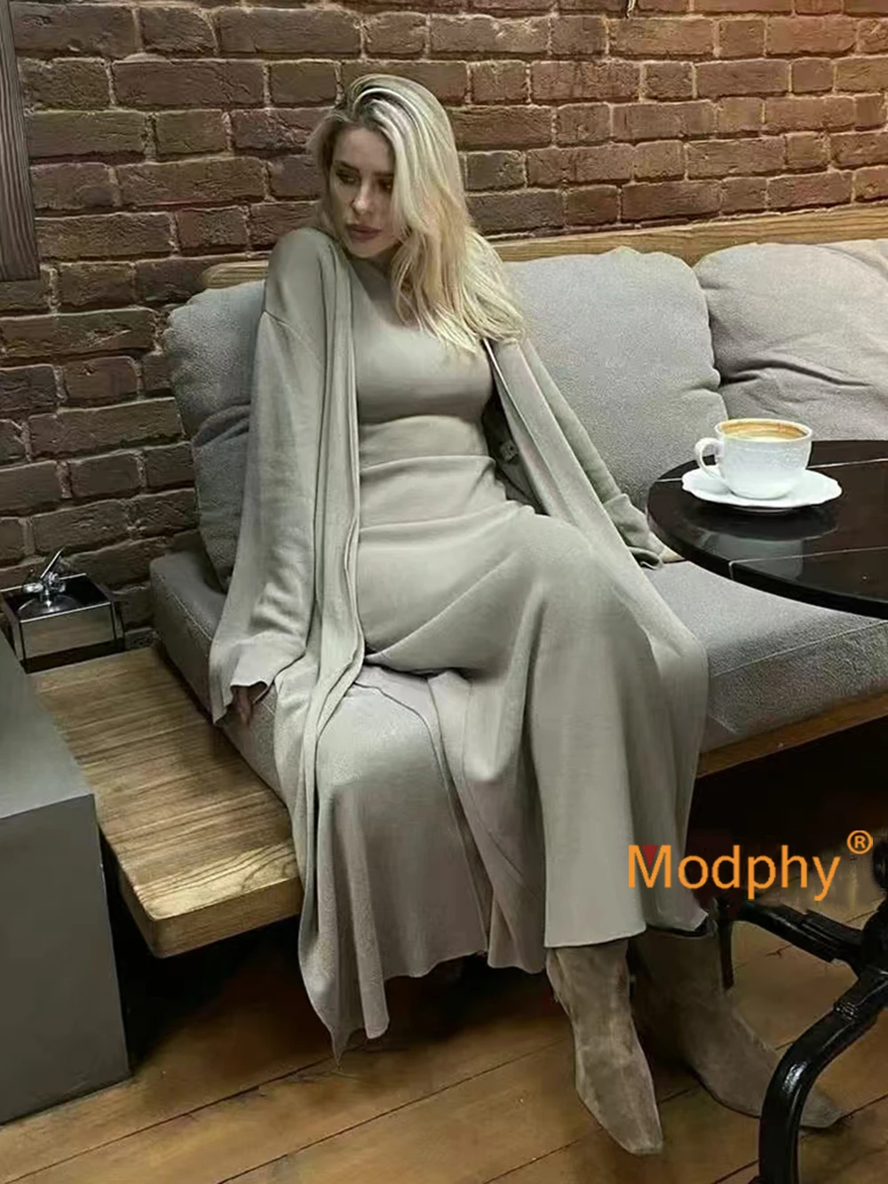 Modphy Solid Color Casual Set Women\'s Autumn Winter New Long Slim Fit Knitted Cardigan+Sleeveless Tank Top Dresses Two-piece Set