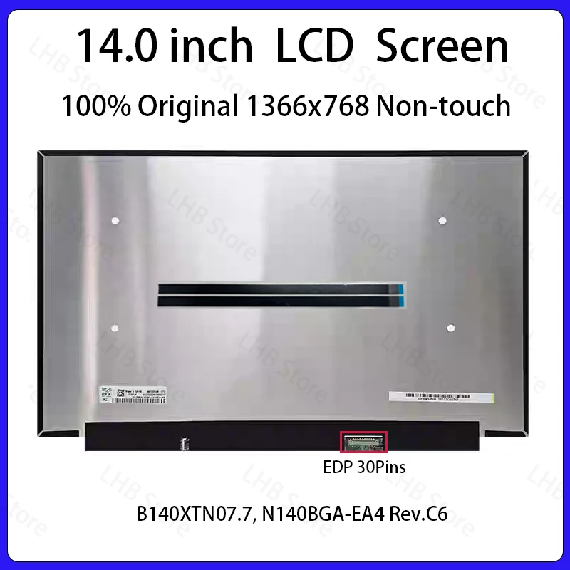 Pantalla LCD HD de 14 pulgadas para ordenador portátil B140XTN07.7 N140BGA EA4 N140BGA-EA4, reemplazo del panel de matriz de pantalla 1366x768 eDP 30 pines sin función táctil