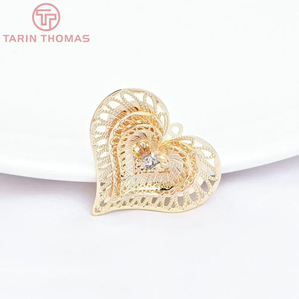 (7293) 6PCS 27x24MM 24K Gold Color Brass with Zircon Heart Shap Charms Pendants High Quality Jewelry Making Findings Wholesale