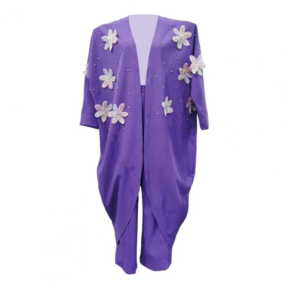 Women Coat Pants Set Elegant Women's 3d Flower Decor Coat Pants Set with Long Sleeve Cardigan Wide Leg Trousers for Women