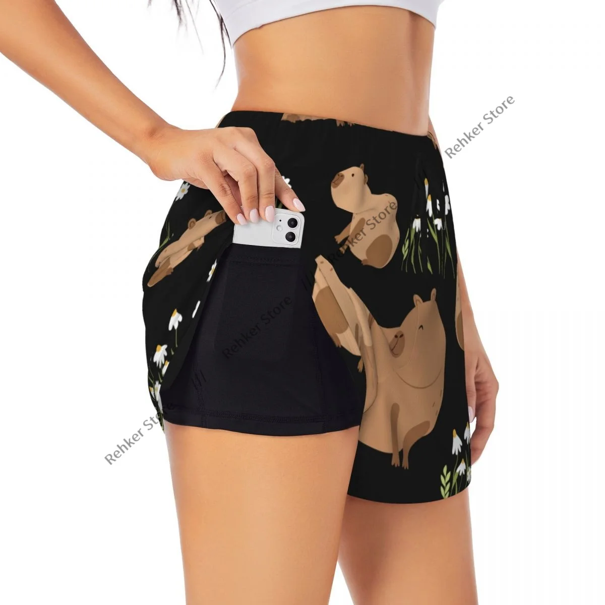 Pantaloncini sportivi da donna ad asciugatura rapida a doppio strato con motivo capibara per il tempo libero all'aperto, corsa, fitness, allenamento, sport