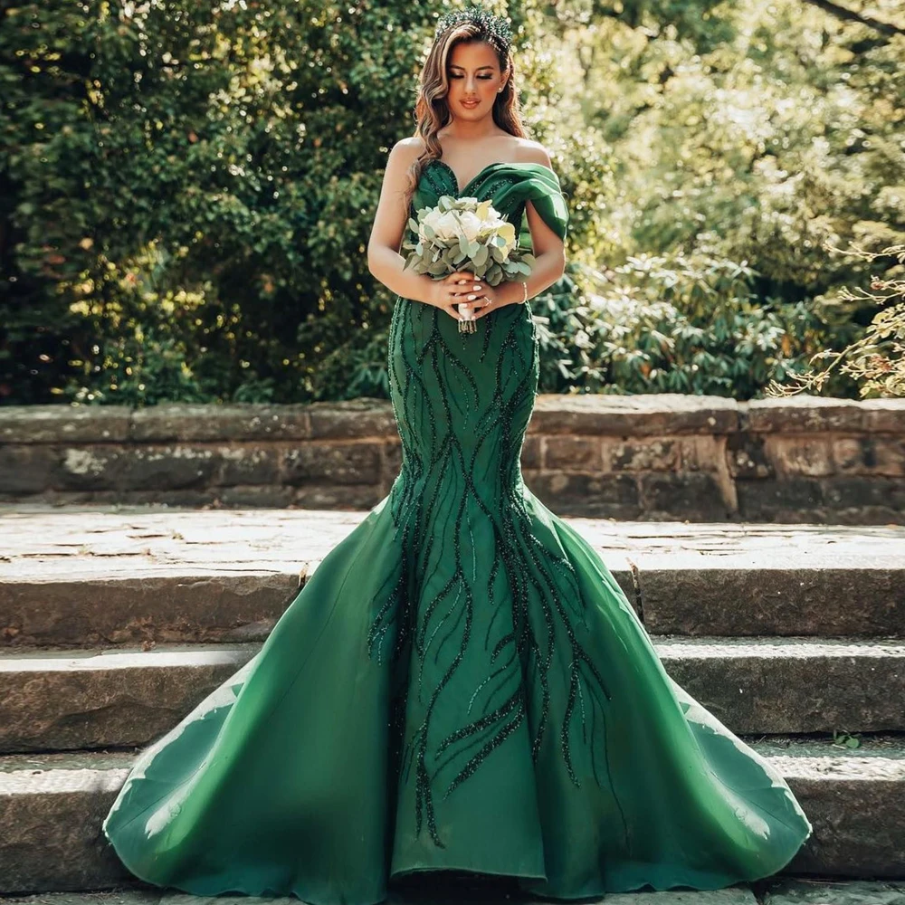 Vestidos De Noche De sirena verde esmeralda, Vestido De un hombro con pedrería para ocasiones especiales, Vestido De Organza De tren desmontable