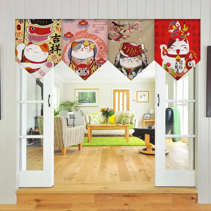 Japanese Short Curtain Lucky Cat Pennant Kicthen Partition Half Curtain Triangle Hanging Flag Child Room Decor Hanging Curtain