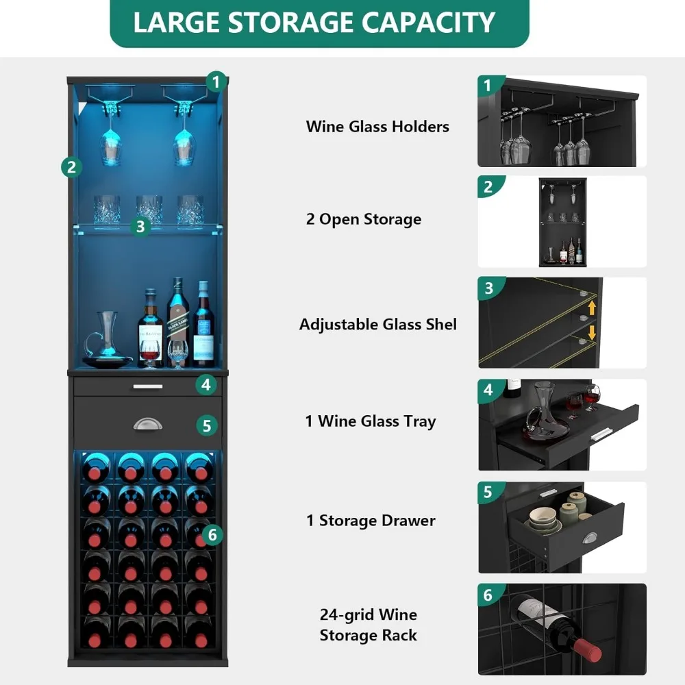 Gabinete para bar de vinos con luces LED, gabinete para bar de café de 65 pulgadas de alto con 24 vinos y soporte para copas, gabinete de almacenamiento de cocina