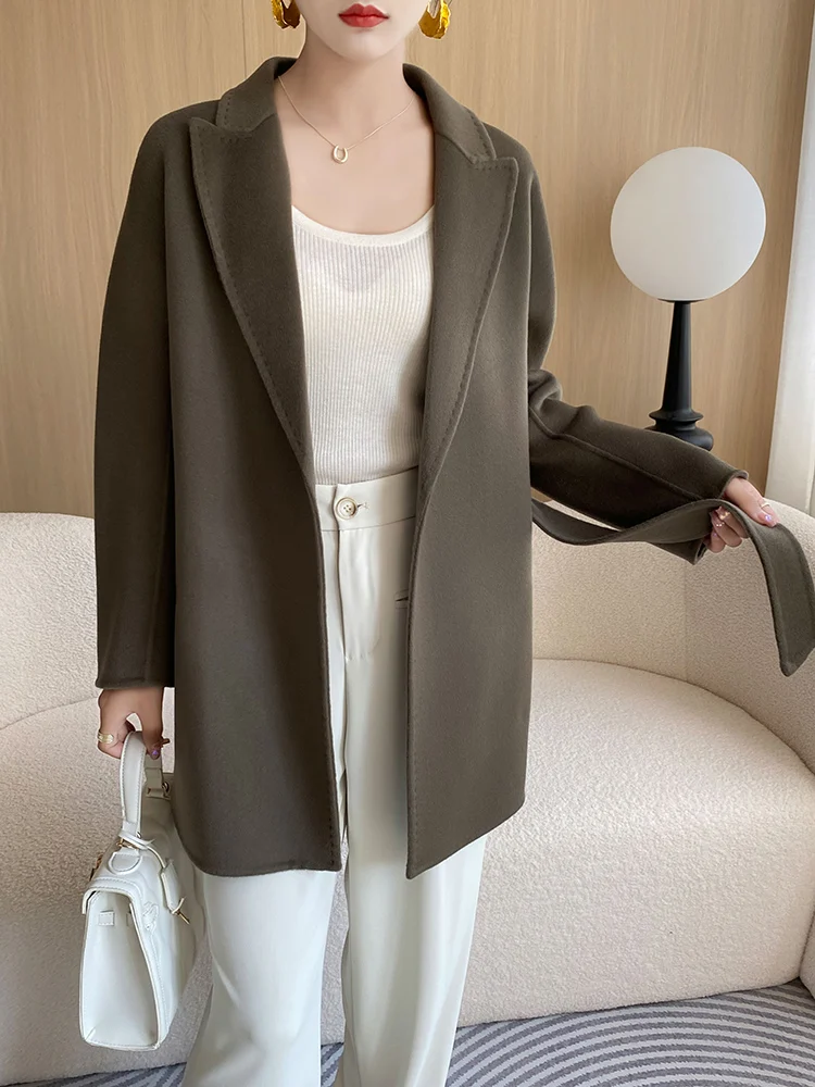 Korean Style Fashionable Women's Coat Autumn and Winter Simple Handmade Wool Reversible Woolen Coat Mid-Length Top Suit