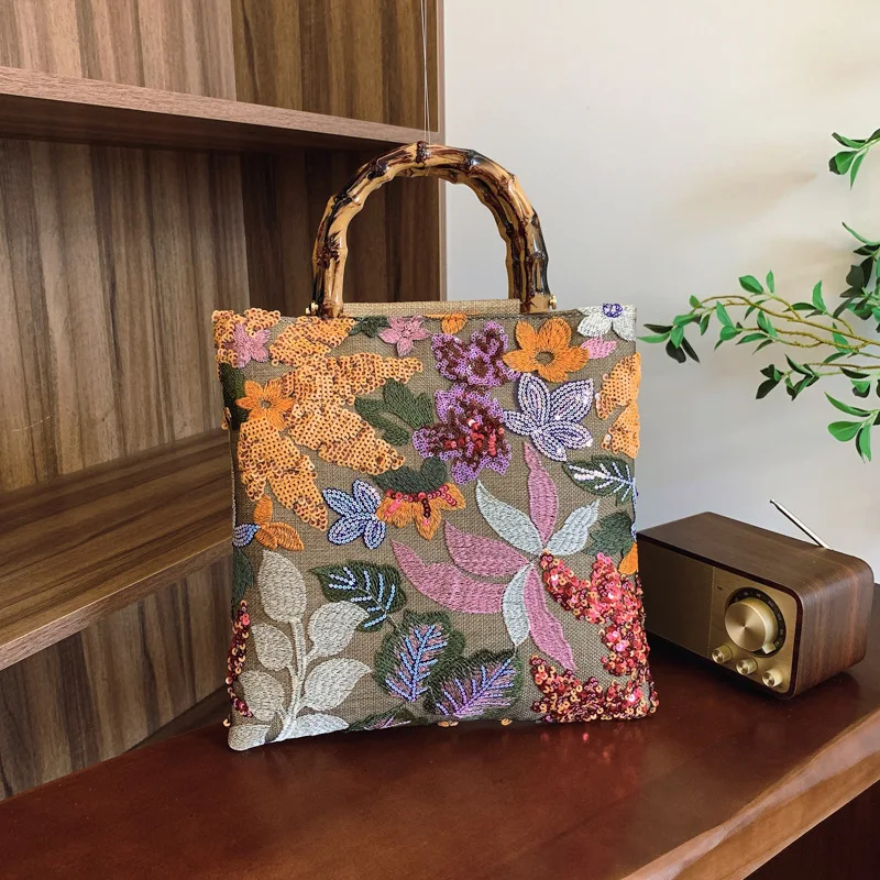 New bamboo tote bag high-end color sequins retro women's hand carry heavy industry embroidery tide dinner bag