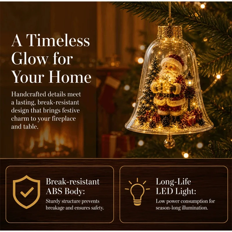 2026 Warm LED Light Christmas Bell Ornaments Mini Scene Luminous LED Light Pendant Acrylic Clear Dome Lighted Miniature Scene