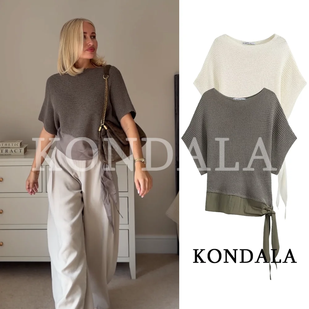 KONDALA Women Elegant Knotted Knit Tops Chic Leisure Boat Collar Short-sleeved Sweater 2026 Summer Early Fall Trendy Ladies Tops