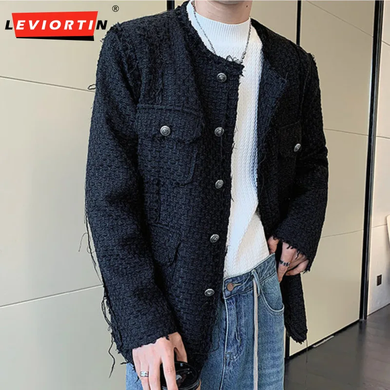 Winter Men Tweed Jackets Solid Color O-neck Long Sleeve Button Casual Men Coats Streetwear Fashion Fur Edge Thick Outerwear