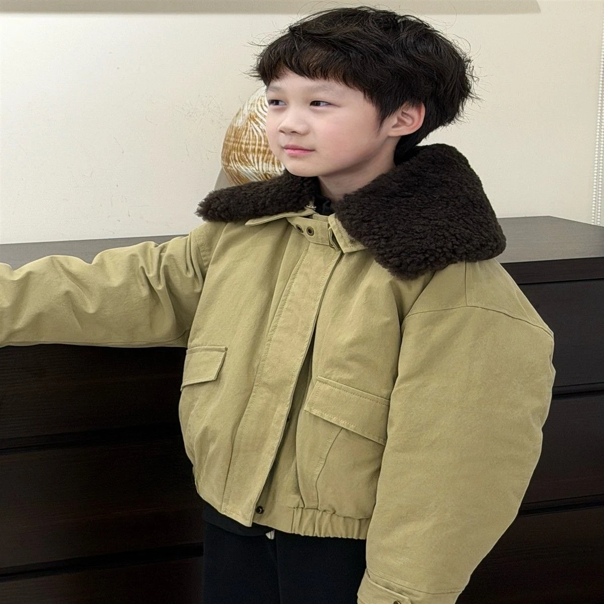 2026 Boys Winter Fleece Collar Padded Jacket Kids Thickened Workwear Coat Children Warm Outerwear