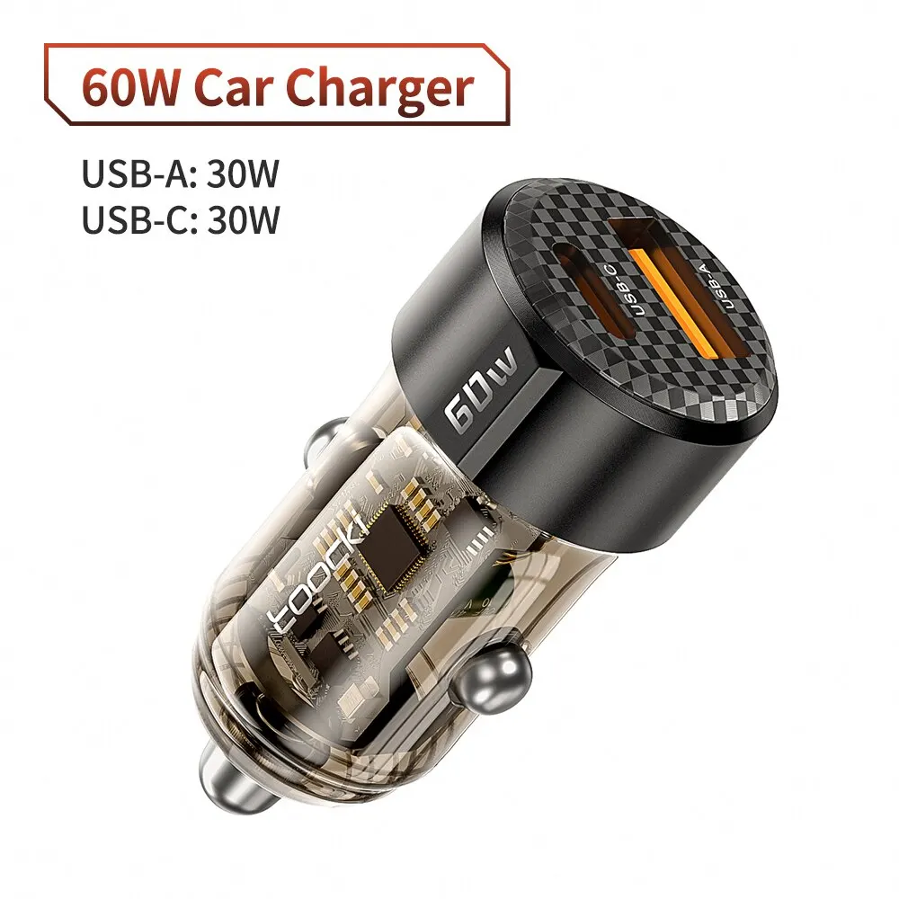 Toocki 60 W Autoladegerät 30 W Schnellladung Transparente Hülle PD 27 W für iPhone 15 14 13 12 Xiaomi Poco Samsung Schnellladegerät
