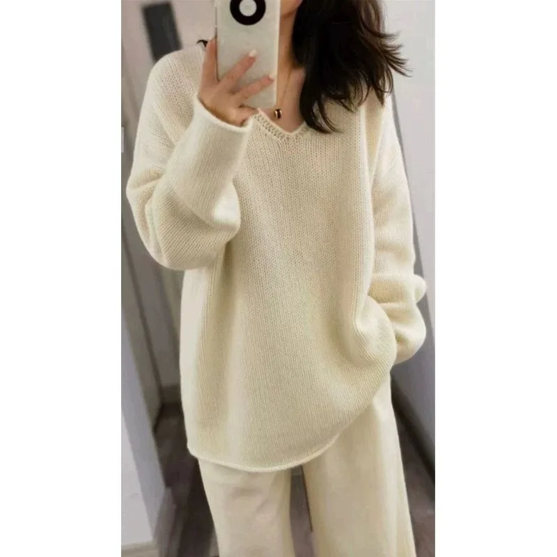 Autumn/Winter 2024 new luxury cashmere sweater women's pink V-neck drop shoulder loose pure wool sweater