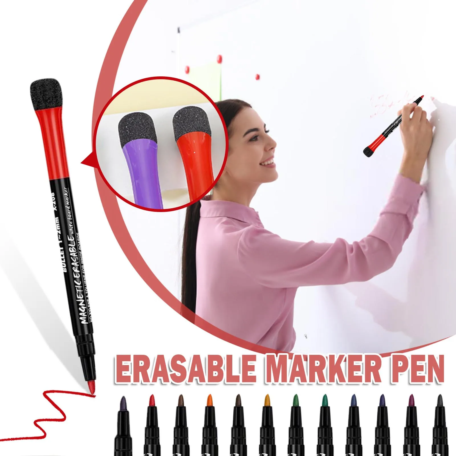 

Маркеры для сухой доски, красочные тонкие стираемые маркеры с тонким кончиком и ластиком для домашних школьных принадлежностей - блестящая жидкая ручка 30 мл