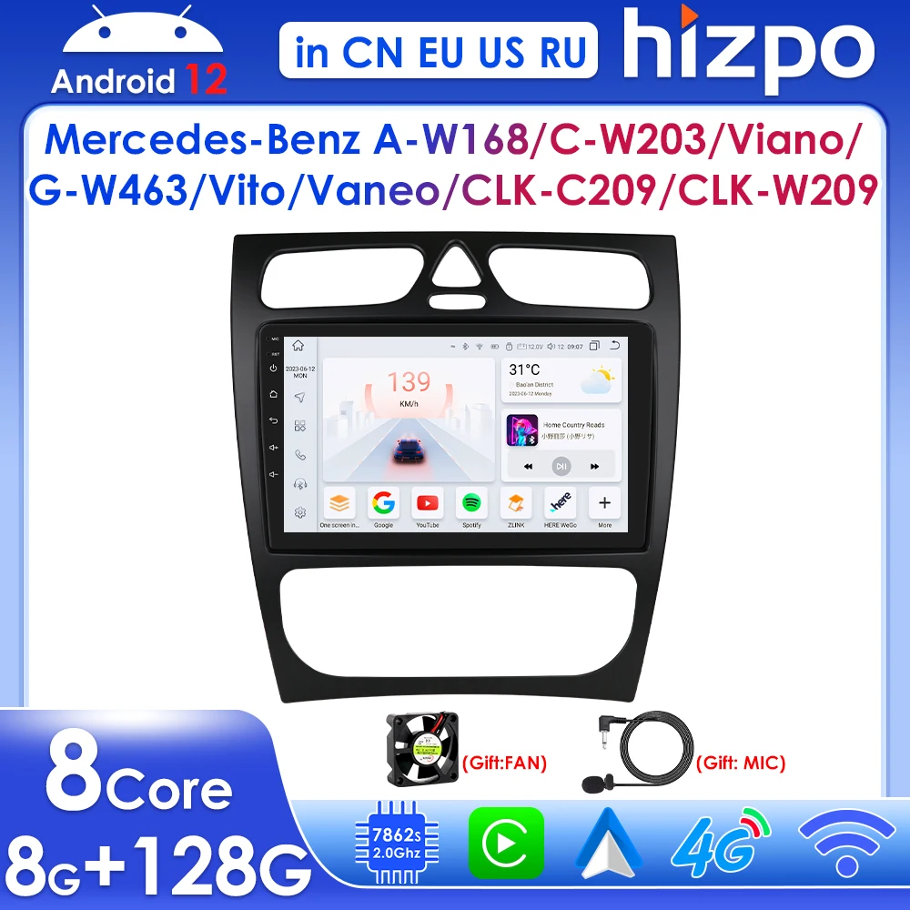 Hizpo Car Radio Multimedia Player for Mercedes Benz W203 W168 W463 Viano Vito Vaneo C209 Android 12 Carplay Screen GPS 4G Stereo