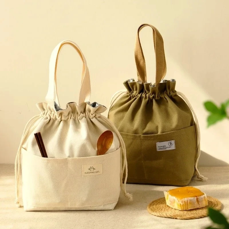 Canvas Drawstring Lunch Bag Reusable Lunch Bag Large Foldable Portable Insulated Handbag Tote bag For Work Picnic Or Travel