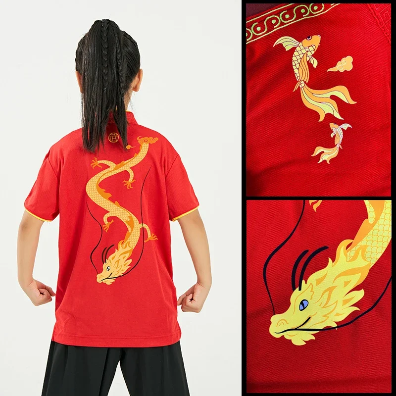 Kun Master adulti e bambini elastico Wushu abbigliamento uniforme di arte marziale vestito Kung Fu Tai Chi vestiti stampa drago 2023 nuovo