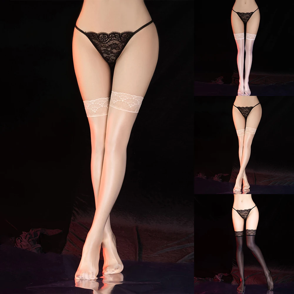 女性用の透明なレーストリム,伸縮性のあるナイロンストッキング,オイル,光沢,シリコン製,2022