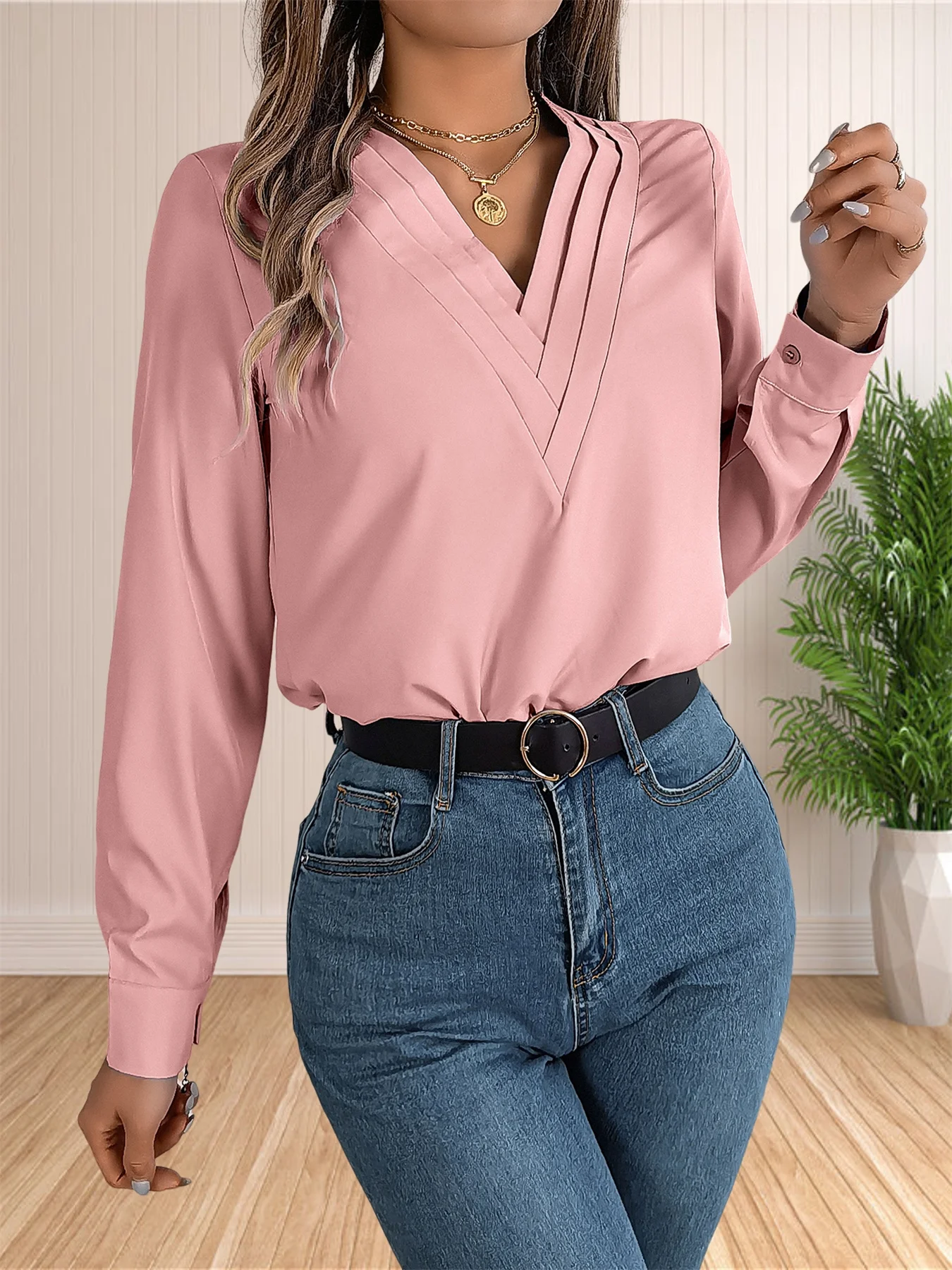 Women\'s Elegant Business Office Blouse Layered V Neck Long Sleeve 2024 Dressy Shirts Work Tops