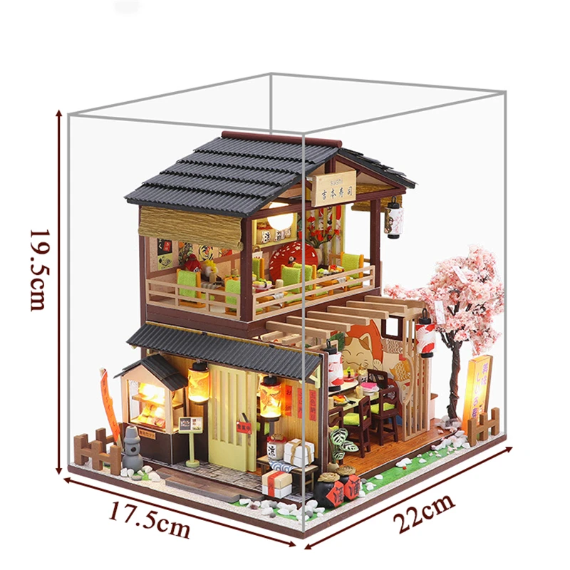 DIY Houten Miniatuur Model Kit Japanse Sushi Winkel Casa Poppenhuizen 3D Puzzel Poppenhuis Met Meubelverlichting voor Vrienden Geschenken