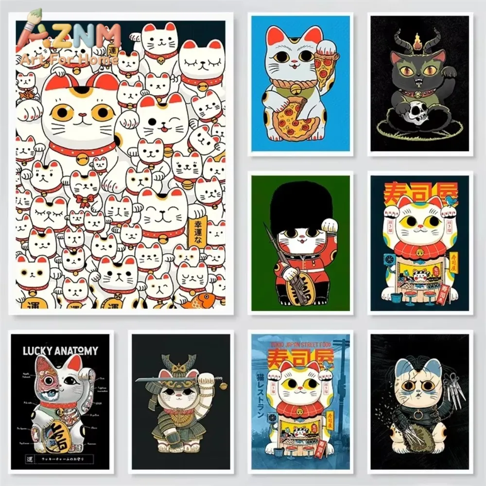 

1 шт. Постер с мультяшными котами-талисманами, холщовые принты, настенный декор для суши-бара, милый мультяшный кот, декор для магазина, декор Манэки-нэко