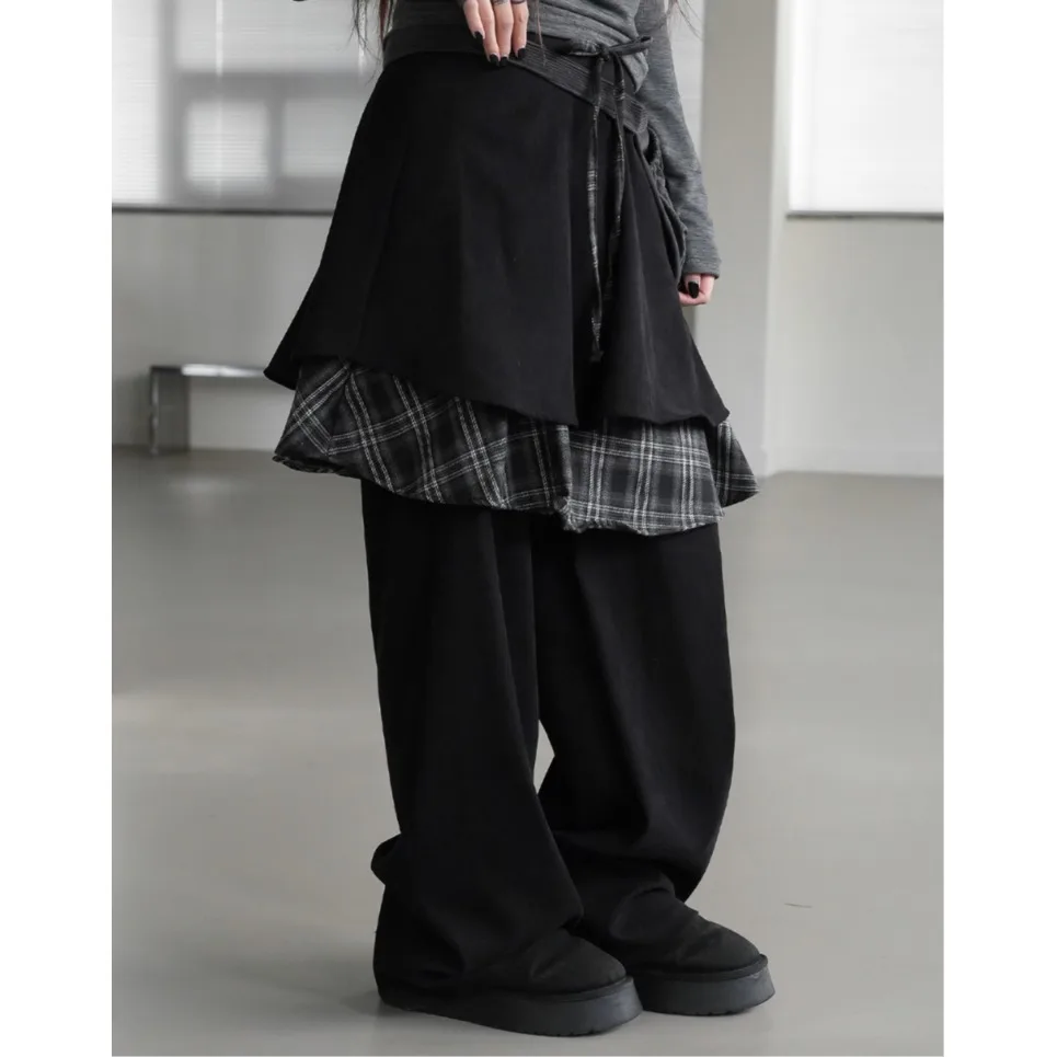 Retro Plaid Skirt Wide Leg Pants Loose Fit Fake Two-Piece Design Casual Trousers for Women Spring Summer Autumn Ladies