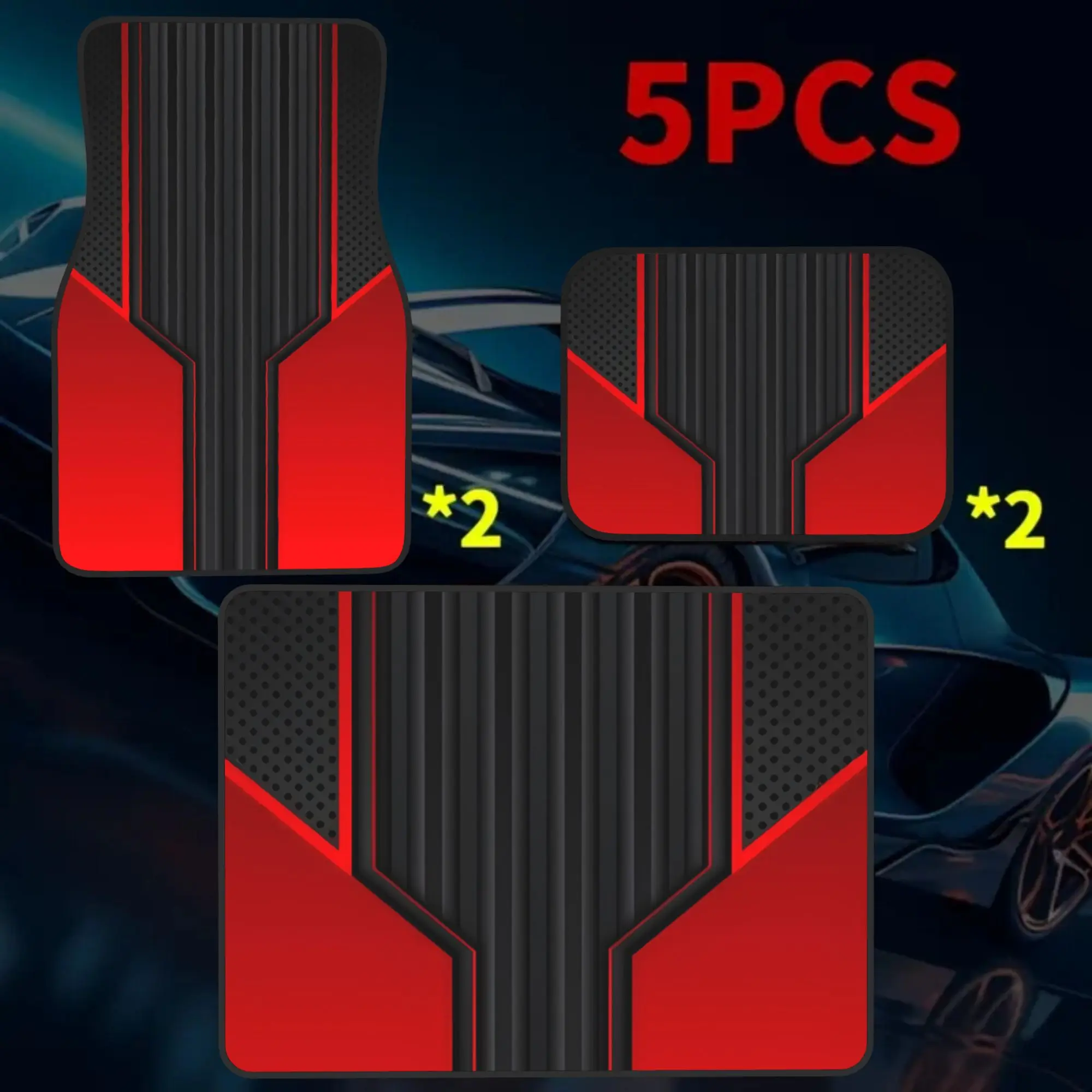 2D Plane 5pcs Red Black Vertical Stripe Mecha Print Car Floor Mat | Trunk Liner -5pcs Set (including 4 Floor Mats And 1 Trunk Li