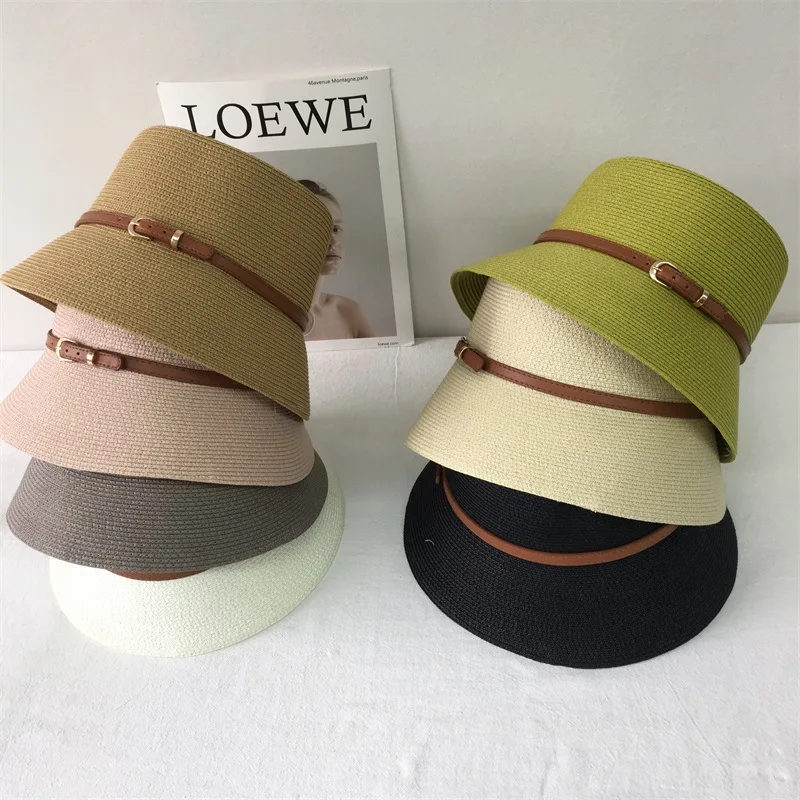 Summer straw woven breathable flat top bucket hat high quality Japanese lady wind belt buckle fashionable shade lamp hood hat