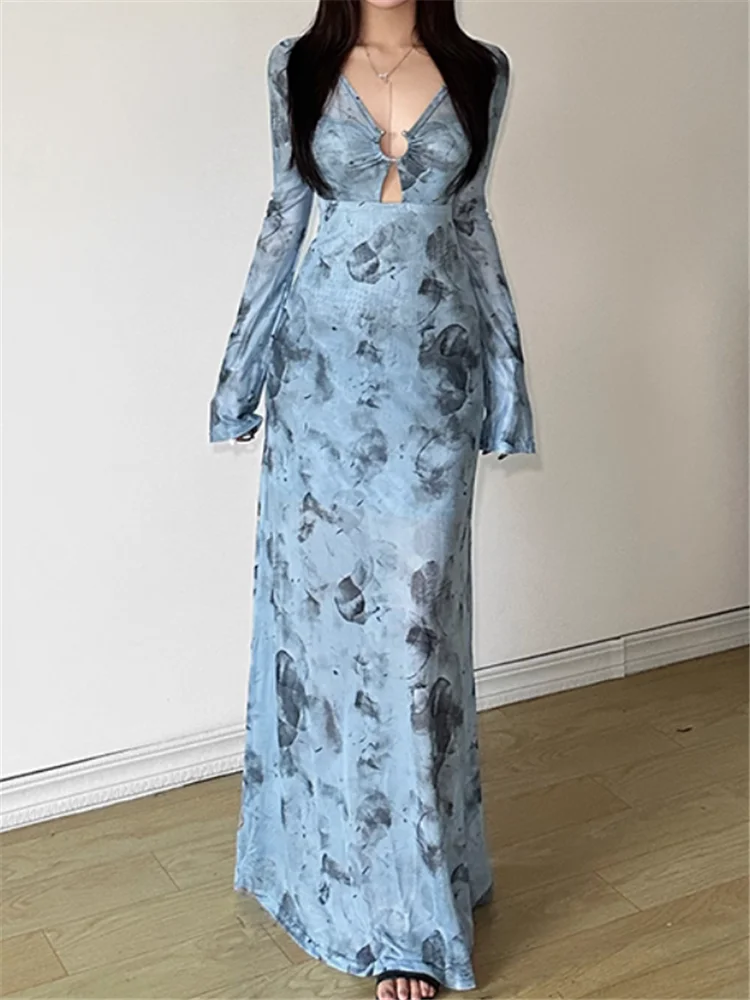 Sexy Black Deep V Neck Mesh Long Evening Party Dress 2025 Fall Winter Fashion Long Sleeve Hollow Out Sheer A Line Dress Vestidos