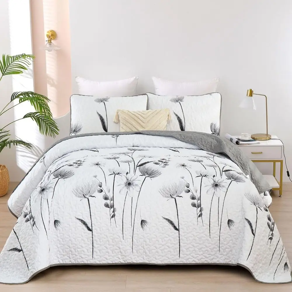 

loral Quilt Set Queen Size,Grey White Bedspread Coverlet Botanical 3 Pieces all Quilts Microiber Lightweight lower Bedspreads So