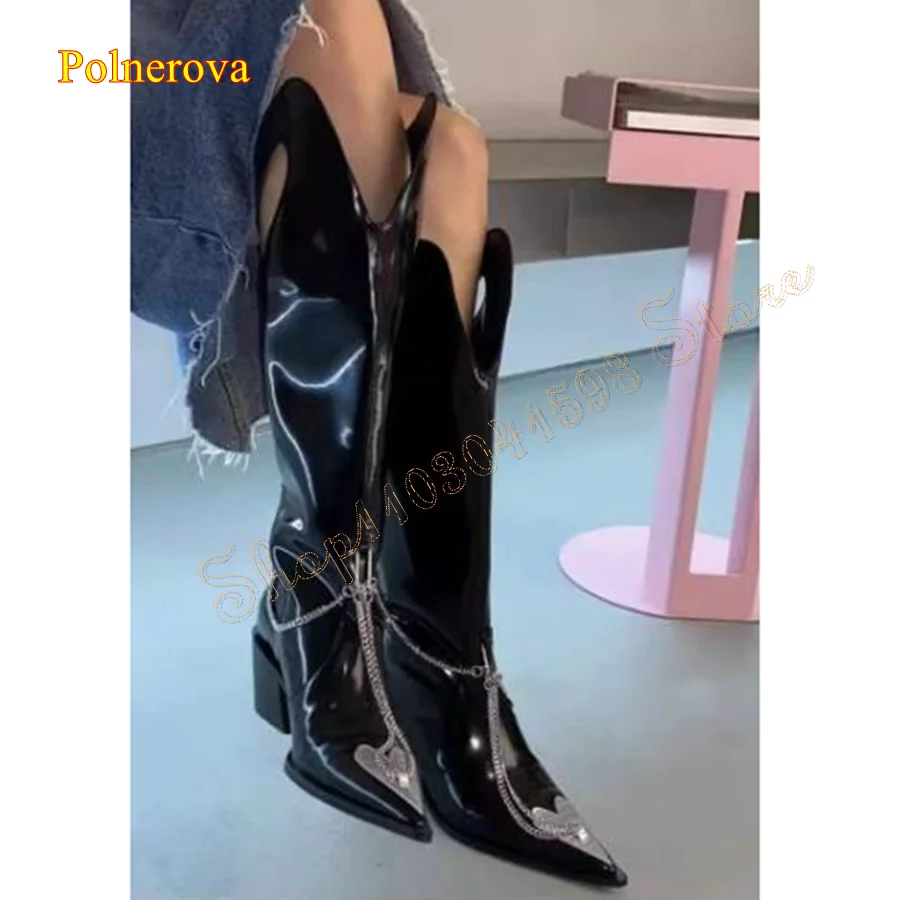 

Pointed Toe Leather Knee High Boots,Thick Heel Chain Boots for Women Camping Party High Heel Boots 2024 New Zapatos Para Mujere