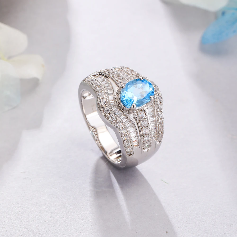 GZ ZONGFA 100% 925 Sterling Silver Ring for Women Natural Swiss Blue Topaz Gems 1.6 Carats Sparkling Wendding Party Fine Jewelry