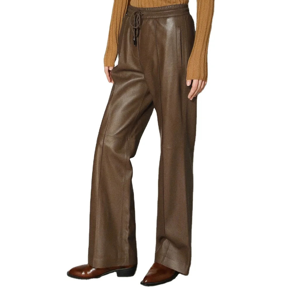 

Hot Sale Wide Leg Leather Pants Elastic Waist Long Plain Real Sheep Leather Trousers for Women