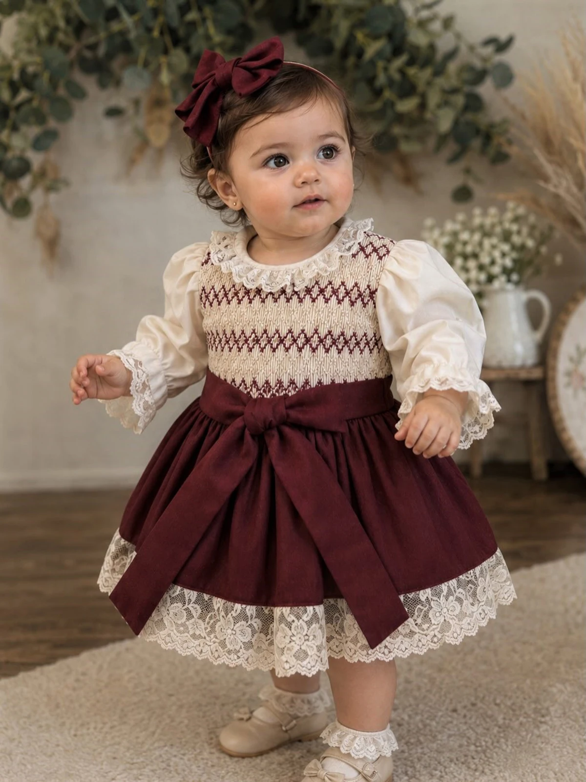 0-5Y Autumn Baby Girl Handmade Embroidered Lace Red Smocked Dress With Bow For Casual Party Birthday Wedding Photography
