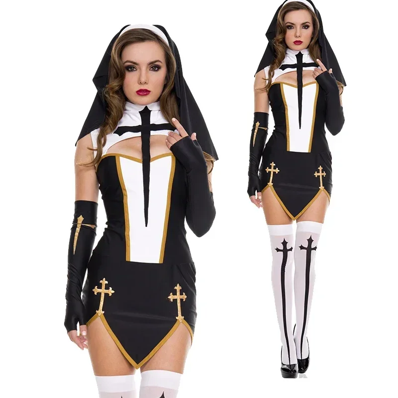 Disfraz Superior de monja Sexy para mujer, disfraz de carnaval, Halloween, iglesia, convento religioso, vestido de fiesta elegante