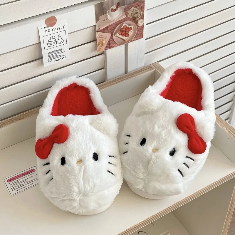 Sanrio Hello Kitty Plush Slipper Cartoon Kt Cat Warm Winter Indoor Slippers Flat Casual Non-slip Girls Home Shoes Gift