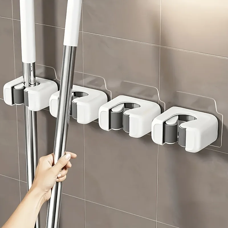 Punch-Free Mop Hook Clips, Waterproof Wall-Mounted Storage Rack for Bathroom, Heavy-Duty Trace-Free Holder for Mops & Brooms