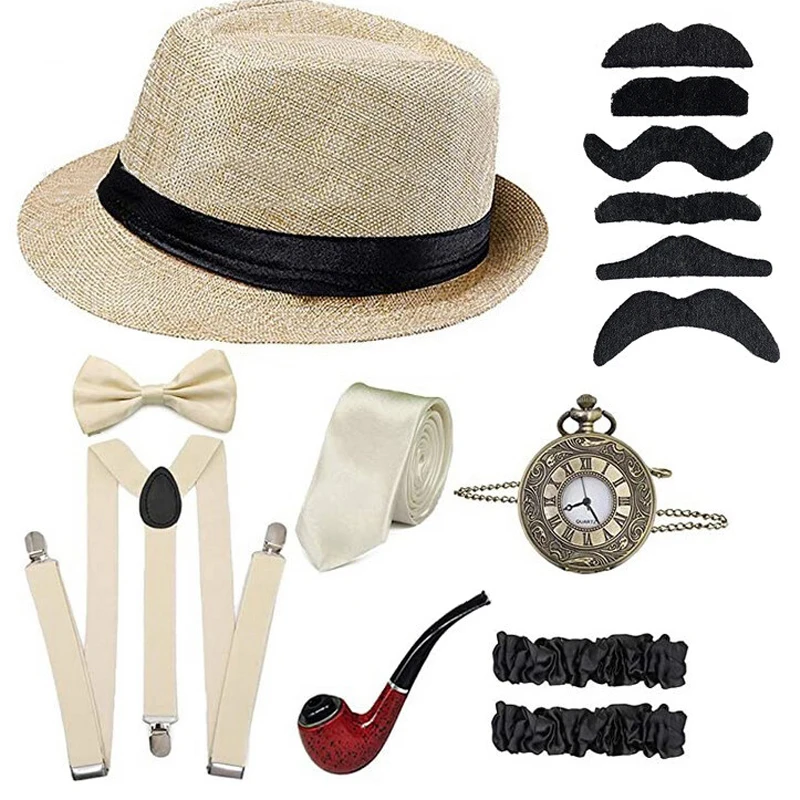 Conjunto de disfraz de gran Gatsby para hombre, accesorios de gángster de los años 1920 para Halloween, sombrero de vendedor de periódicos, tirantes, brazaletes, pajarita atada