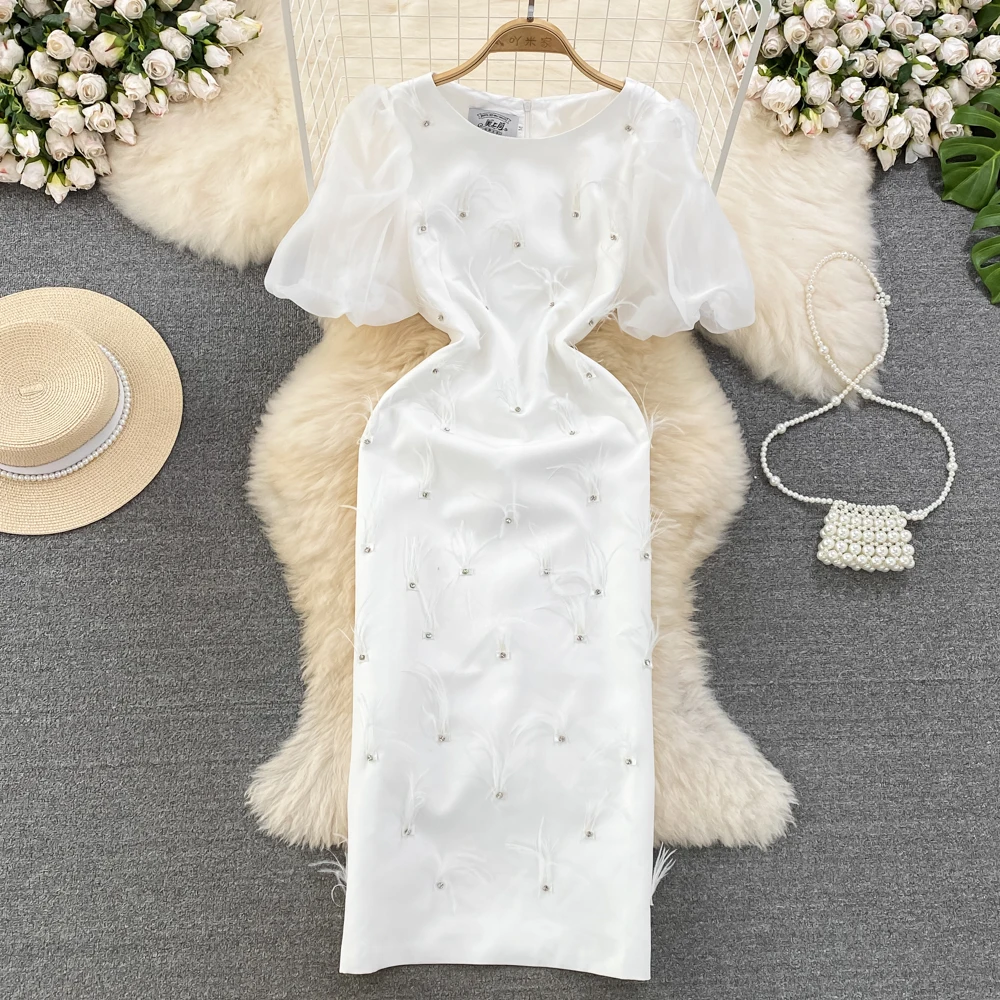 

Women Luxury Elegant Birthday Evening Long Dress Lolita Princess Short Puff Sleeeve Diamond Tassel Feather Dinner Banquets Dress