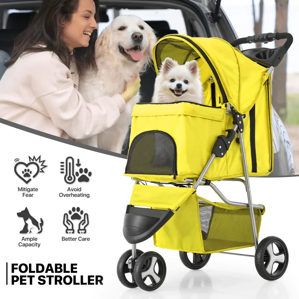 

3 Wheels Pet Dog Cat Stroller For Small Medium Dogs Cats, Foldable Jogger Stroller W Storage Basket And Cup Holder