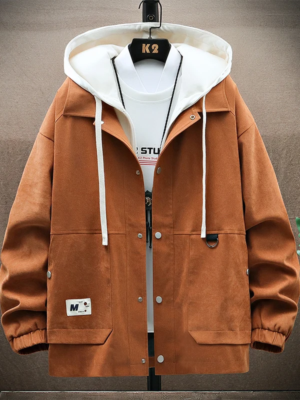 

2025 New Men's Loose Fit Faionable Jaet Fake Two-Piece Outerwear Spring Autumn Trendy Brand Long Sve Zipper Hooded Coat