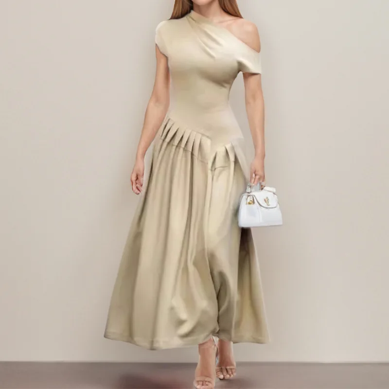 

New Women's Temperament Elegant Long Skirt Fashionable High-waisted Solid Color Spring Dress
