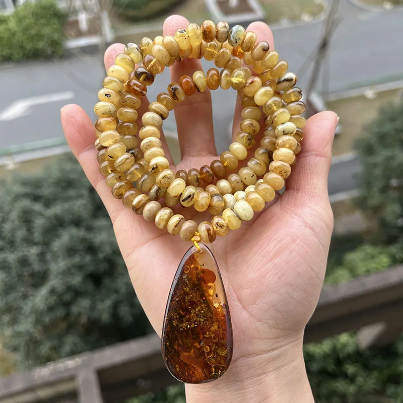 47.4g Real Amber Floral Pendant Necklace for Gift 78cm Long 8mm Natural Baltic Plant Ambar 2025 Original Stone Healing Jewelry